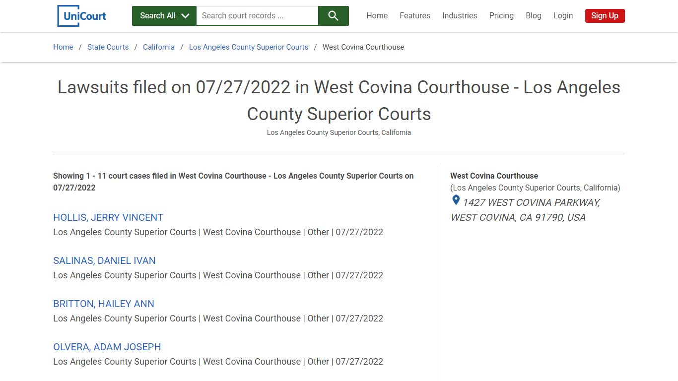Lawsuits filed on 07/27/2022 in West Covina Courthouse - Los Angeles ...